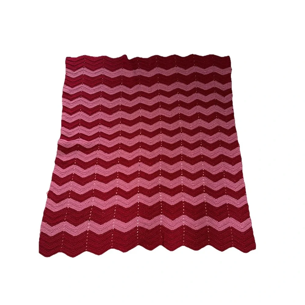 Pink Crochet Chevron Zig Zag Throw Blanket Afghan 68x64